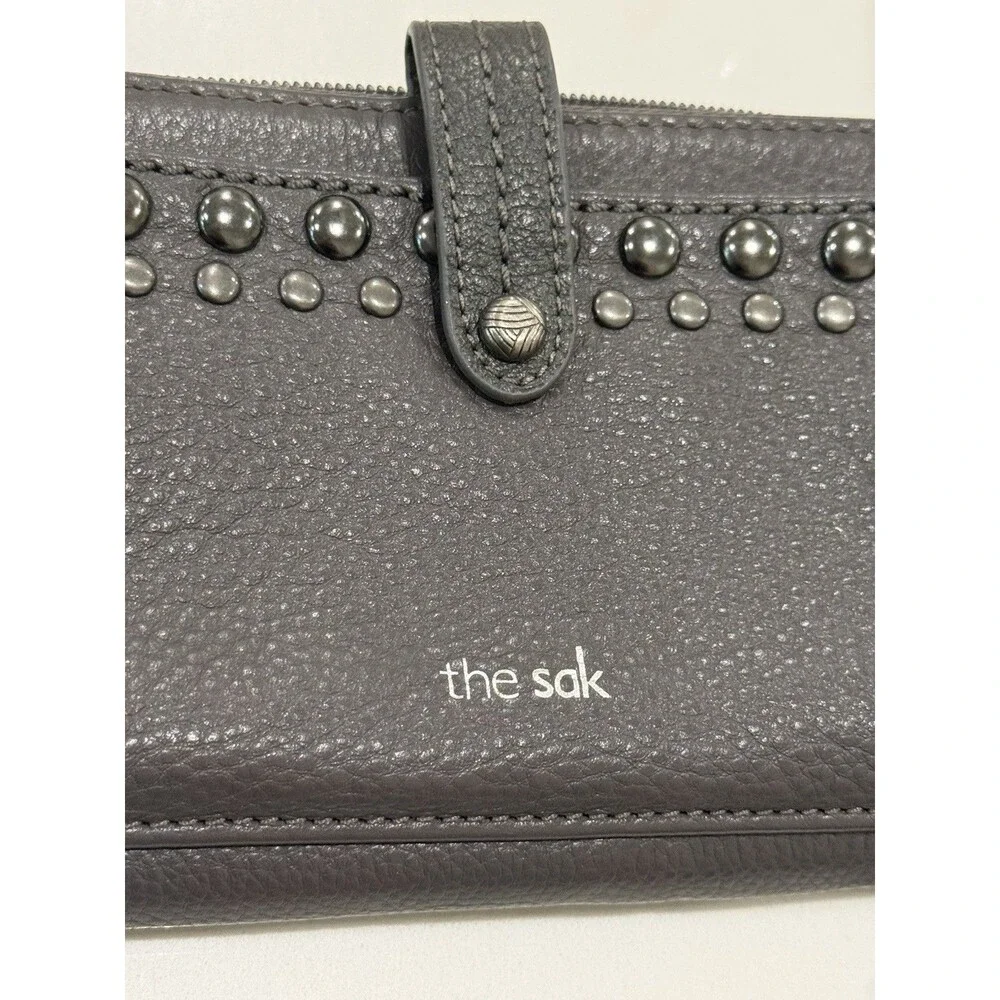 The Sak Iris Large Smartphone Crossbody Wristlet Gray Leather Studded